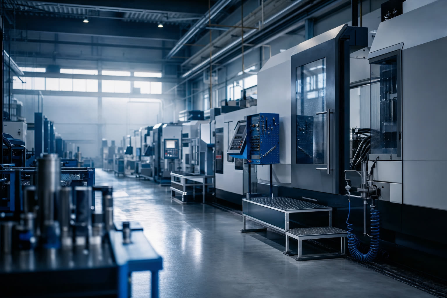 Moderne Industrie- und Maschinenhalle mit CNC-Anlagen in kühlem, professionellem Licht