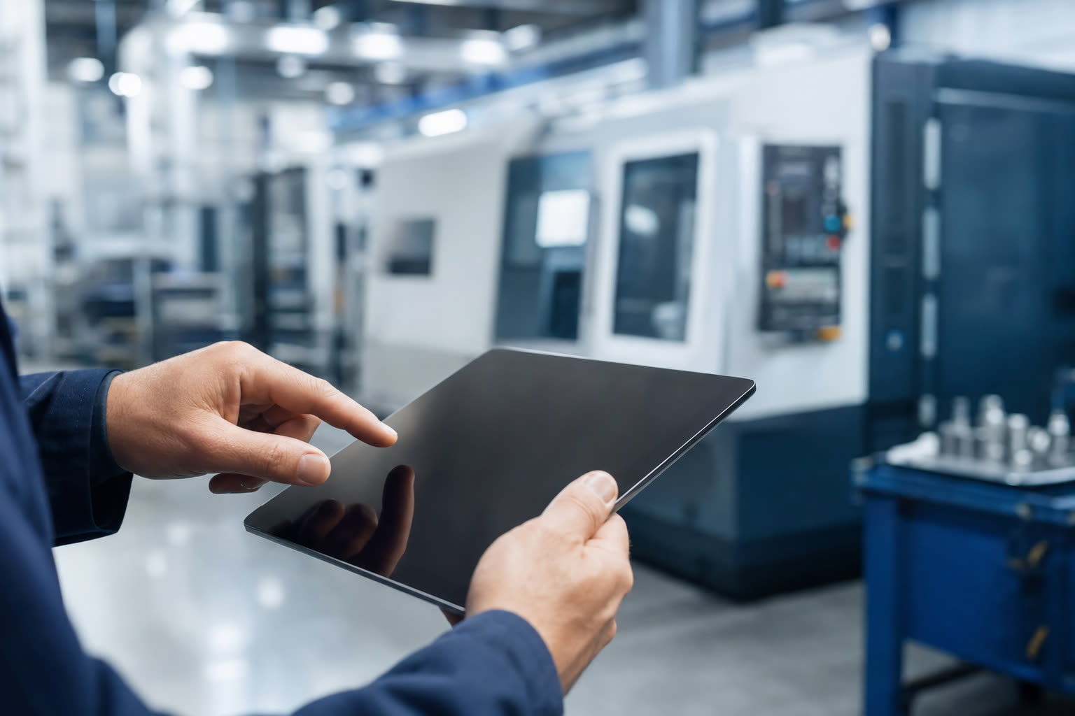 Gutachter bei der Inventarisierung mit Tablet in einer Maschinenhalle